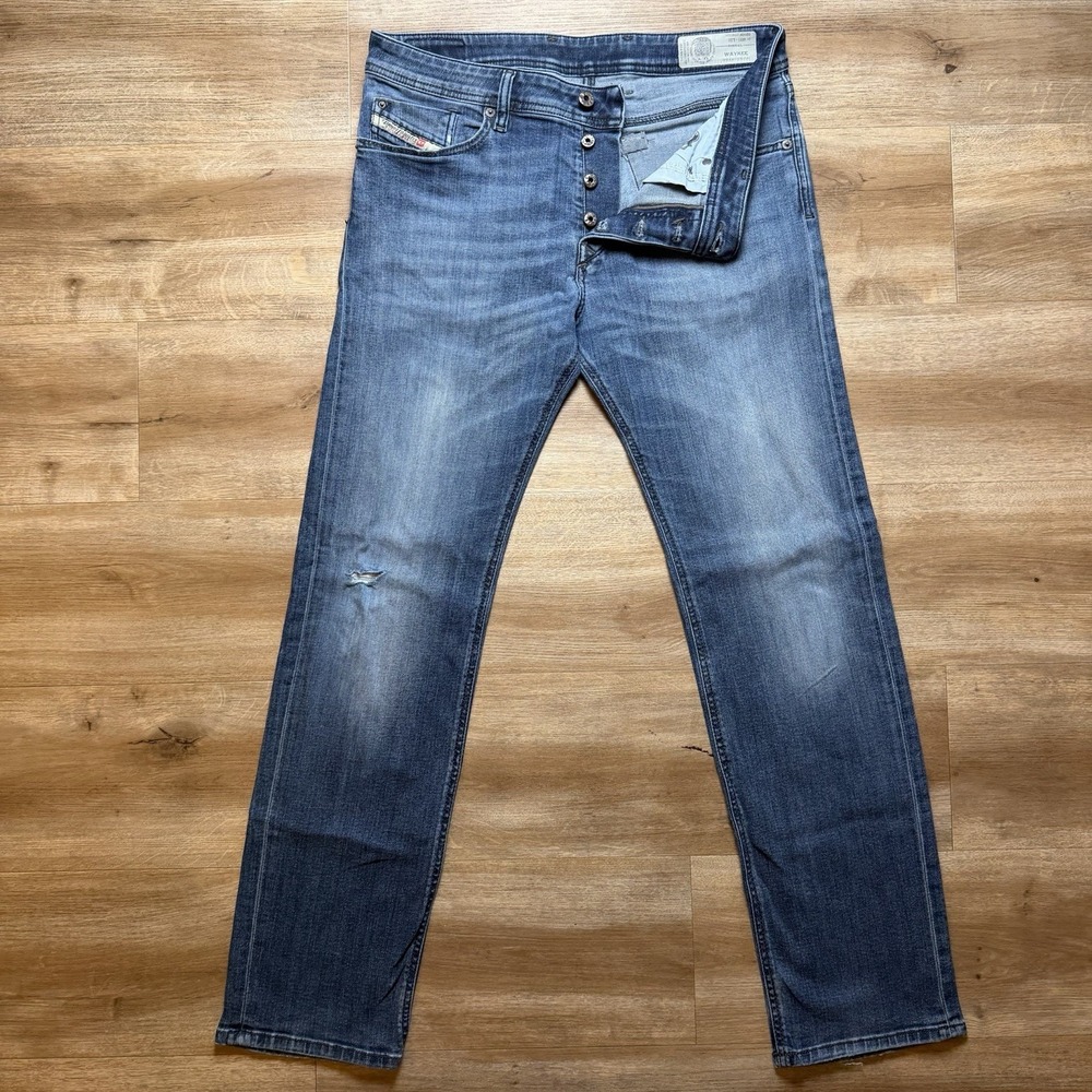 Diesel Waykee Jeans Men 32x30 Blue Straight Leg Stretch Italy Distressed 0814W